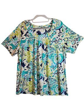 Chicos Womens XL Paisley Scoop Neck Short Sleeve Top casual office gathers